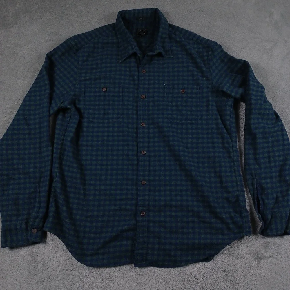 J‎ Crew Shirt Mens XL Blue PLaid Flannel Slim Fit Preppy Modern Casual